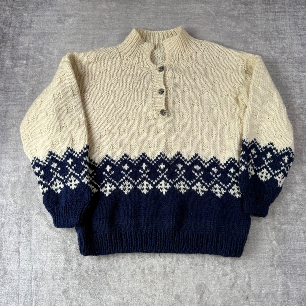 Handmade Nordic Fair Isle Sweater Womens XL Cream Navy Wool Blend Mock Neck Ski